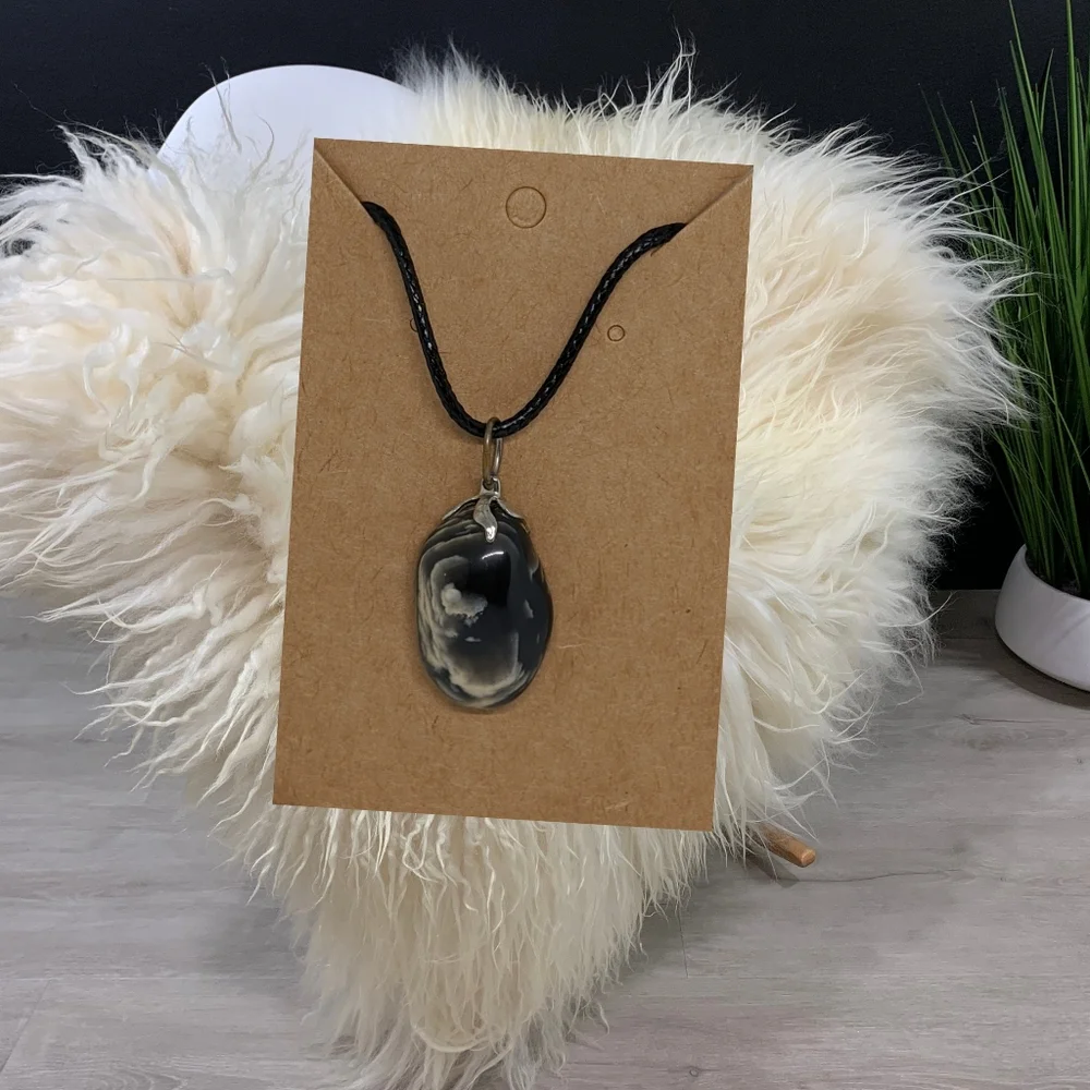 Black Agate Double Sided Pendant with Black Cord Necklace